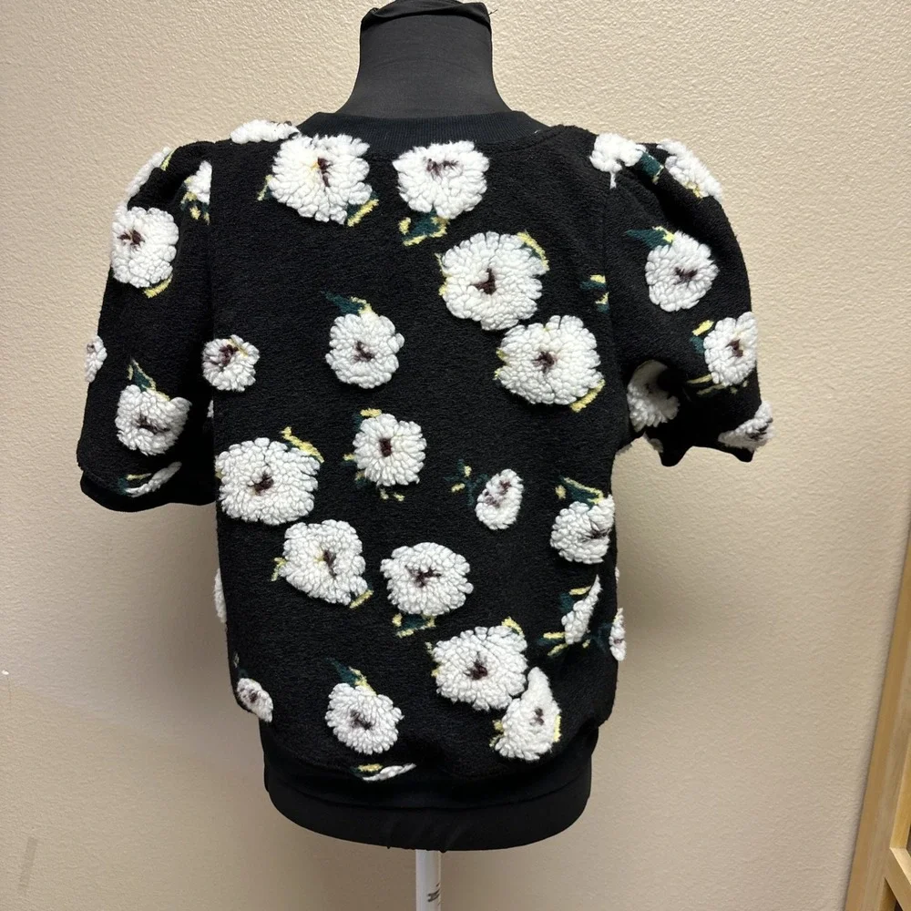 By Anthropologie NWT Medium Sherpa‎ Fleece Flowers Sweater Top Puff Sleeves